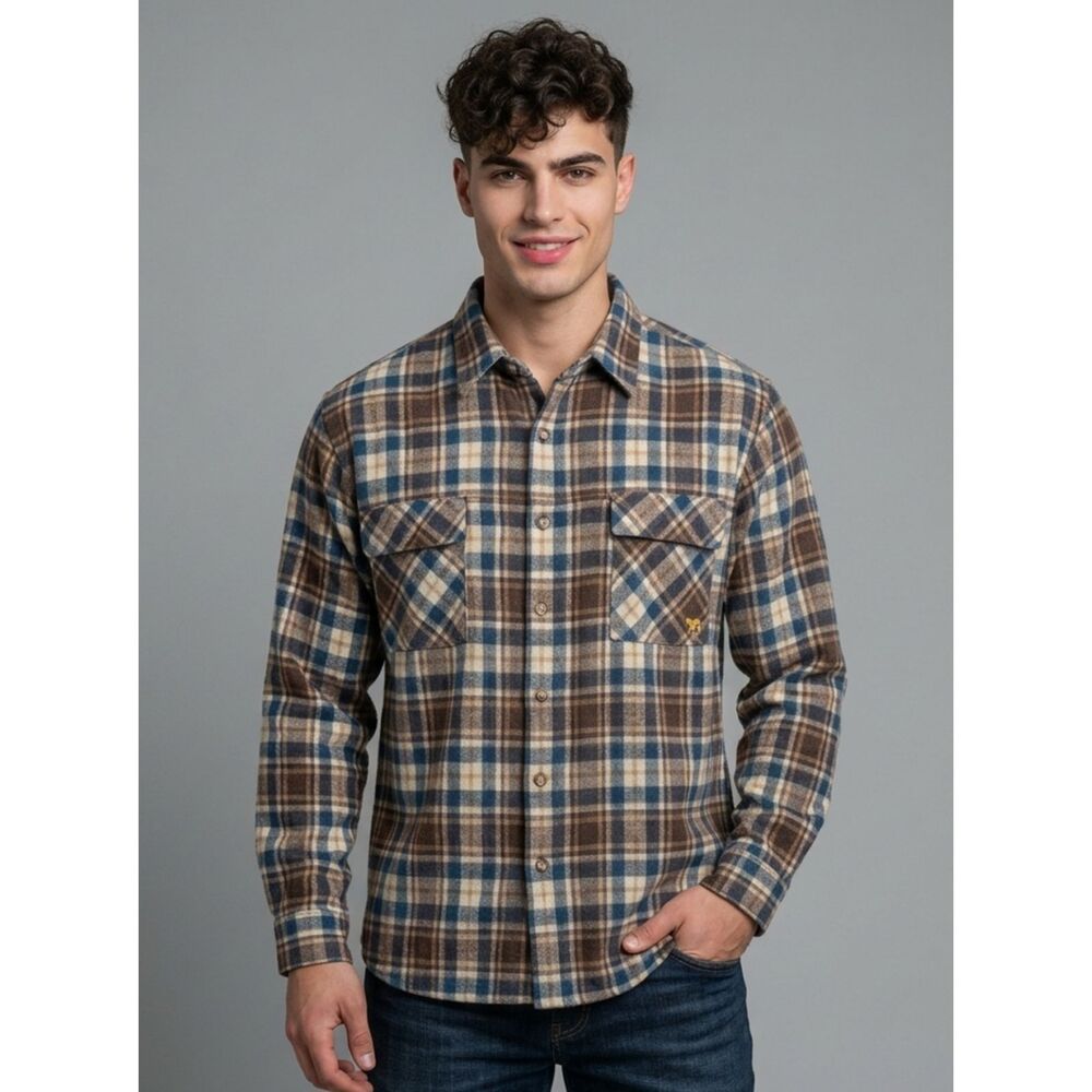 XL Vintage 80s Wool John Henry Camel Cigarette Collab Flannel Shirt Brown Plaid